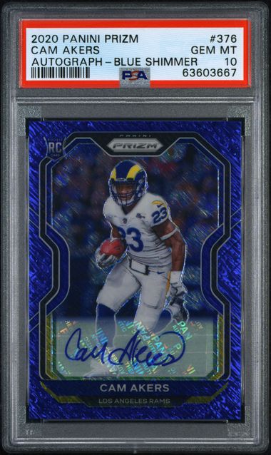 2020 Panini Prizm Rookie Autographs Blue Shimmer Prizm Cam Akers #376 PSA 10