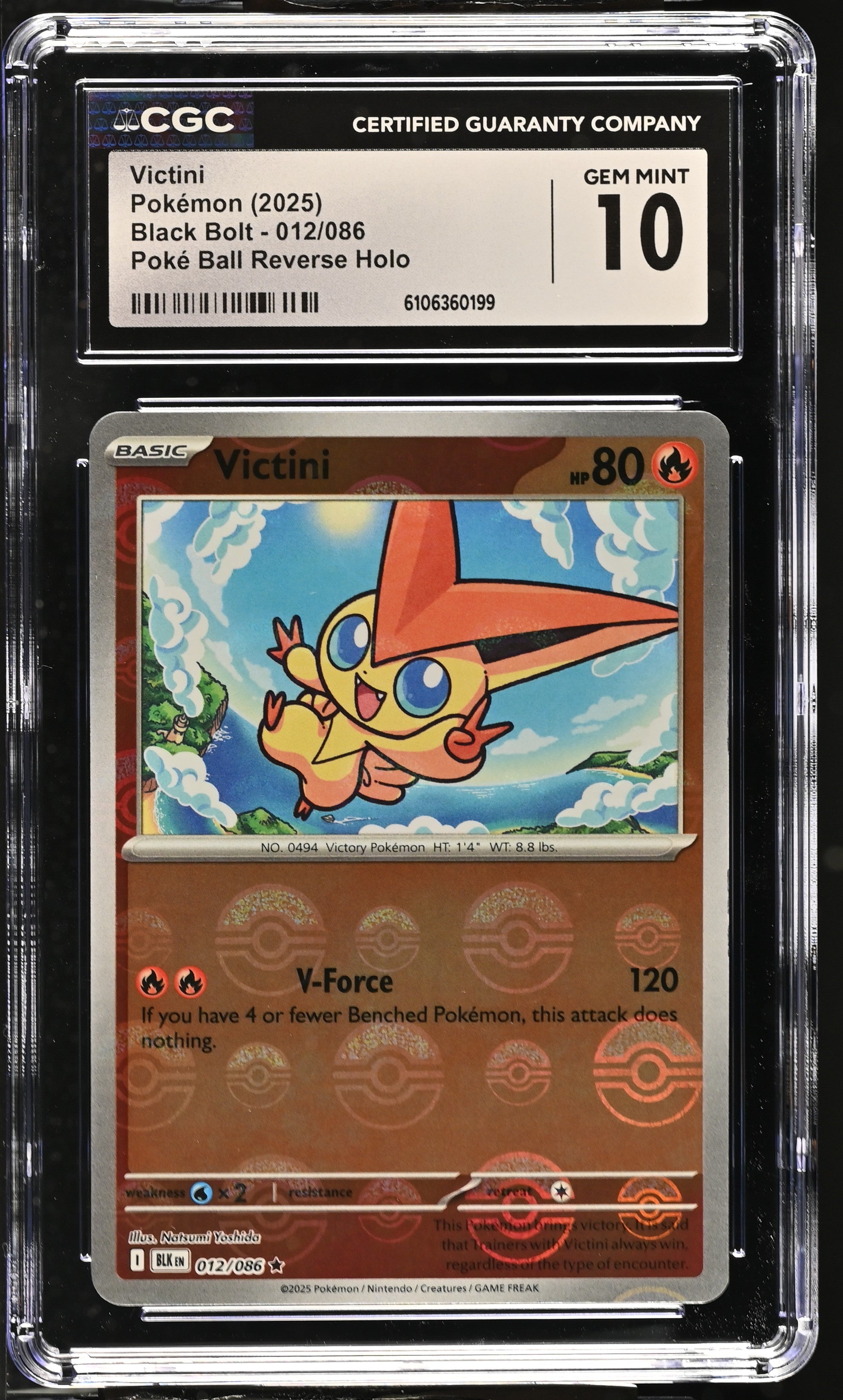 2025 Pokemon Black Bolt Poke Ball Reverse Holo Victini #012 CGC 10