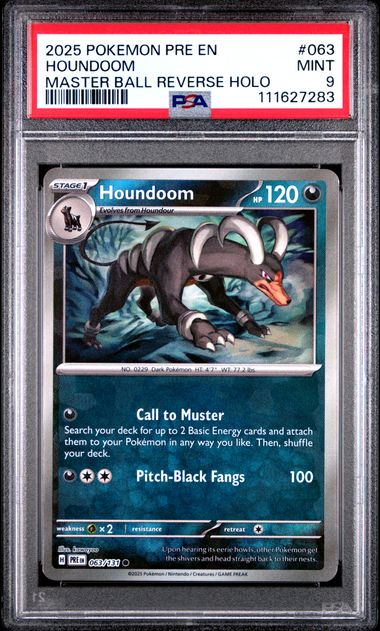 2025 Pokemon Prismatic Evolutions Master Ball Houndoom #063 PSA 9