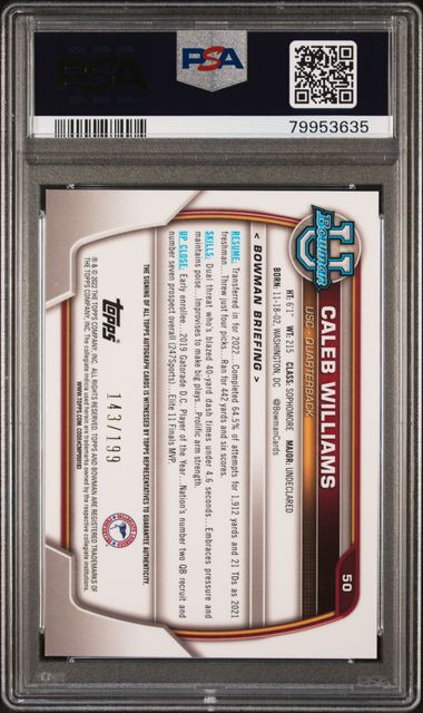2022 Bowman University Chrome Pros Autographed /199 Caleb Williams #50 PSA 10