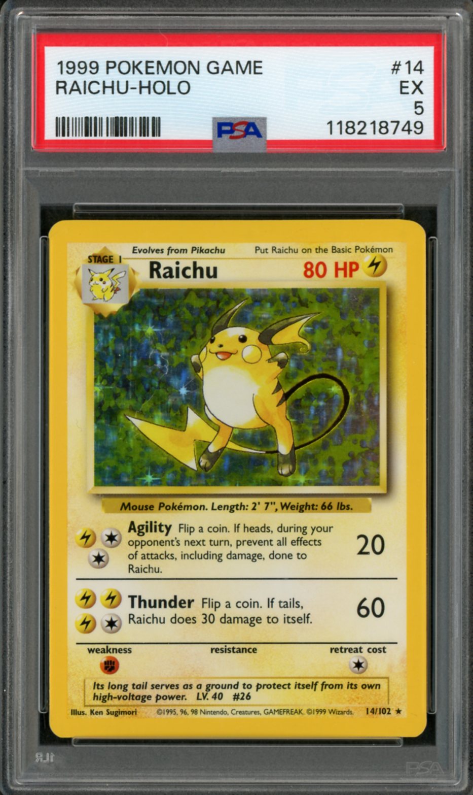 1999 Pokemon Base Set Holo Raichu #14 PSA 5