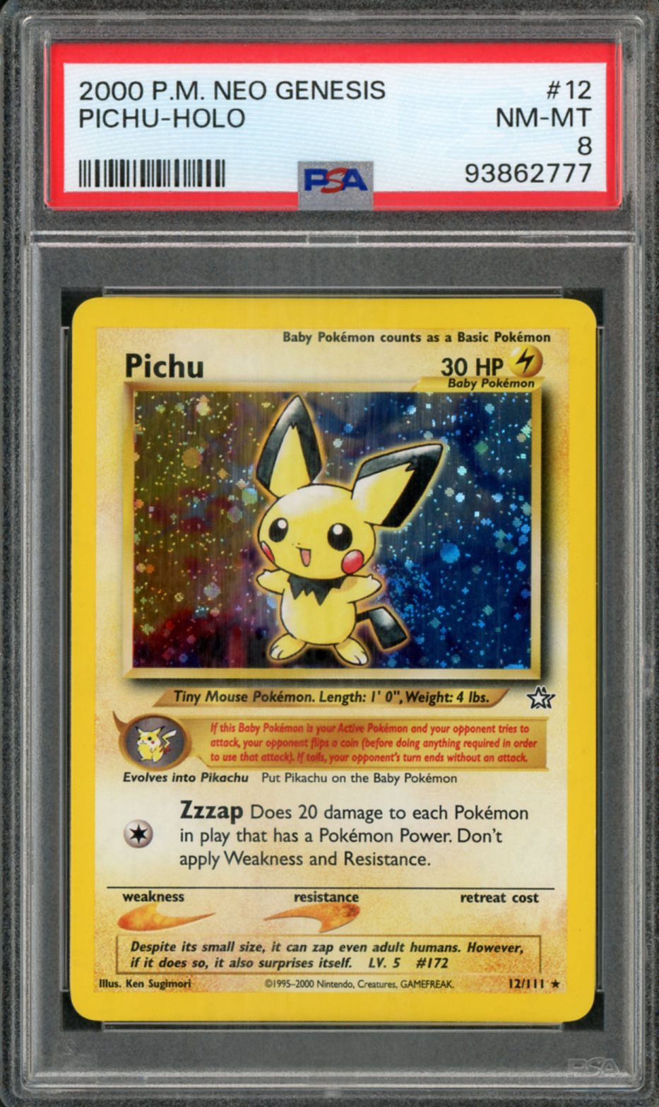 2000 Pokemon Neo Genesis Holo Pichu #12 PSA 8