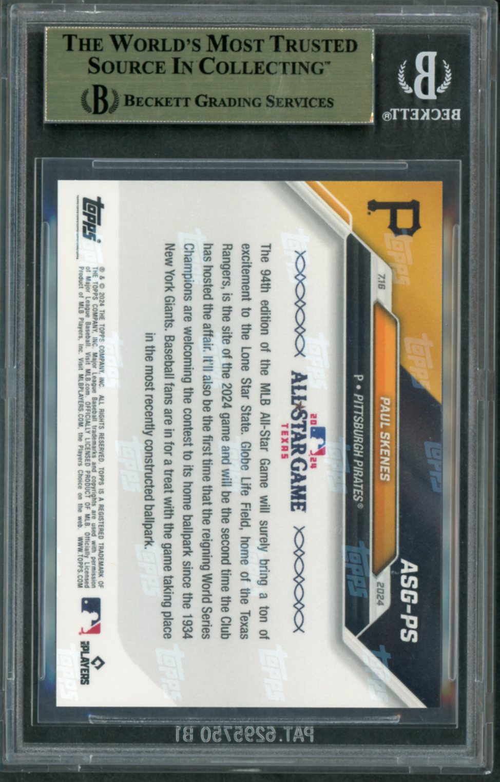 Paul Skenes 2024 Topps Now All-Star Game Selections #ASGPS RC BGS 10
