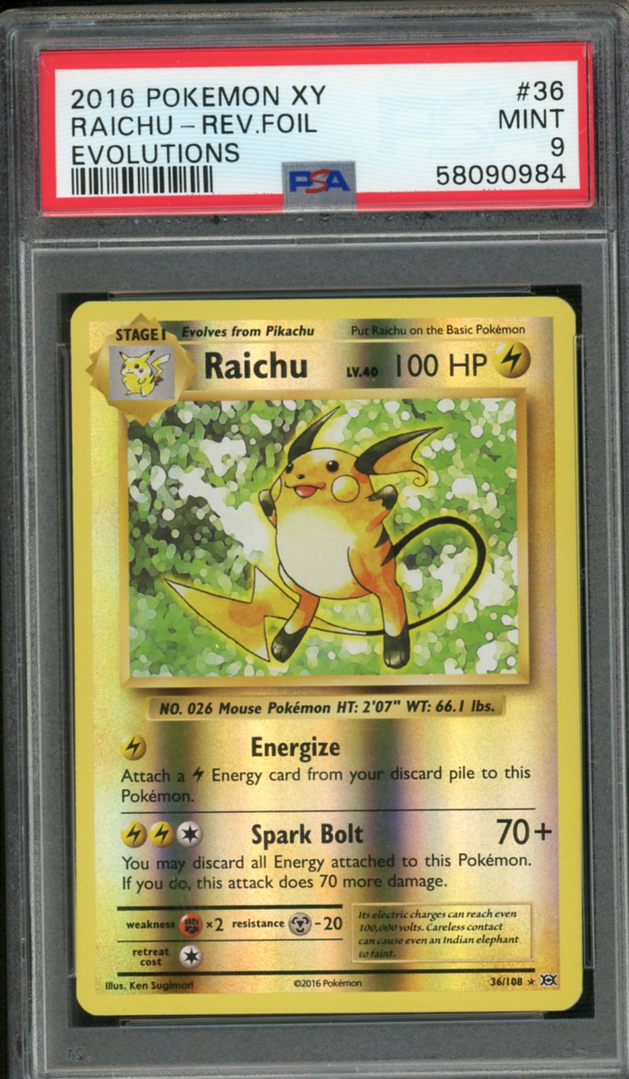 2016 Pokemon XY Evolutions Reverse Holo Raichu #36 PSA 9