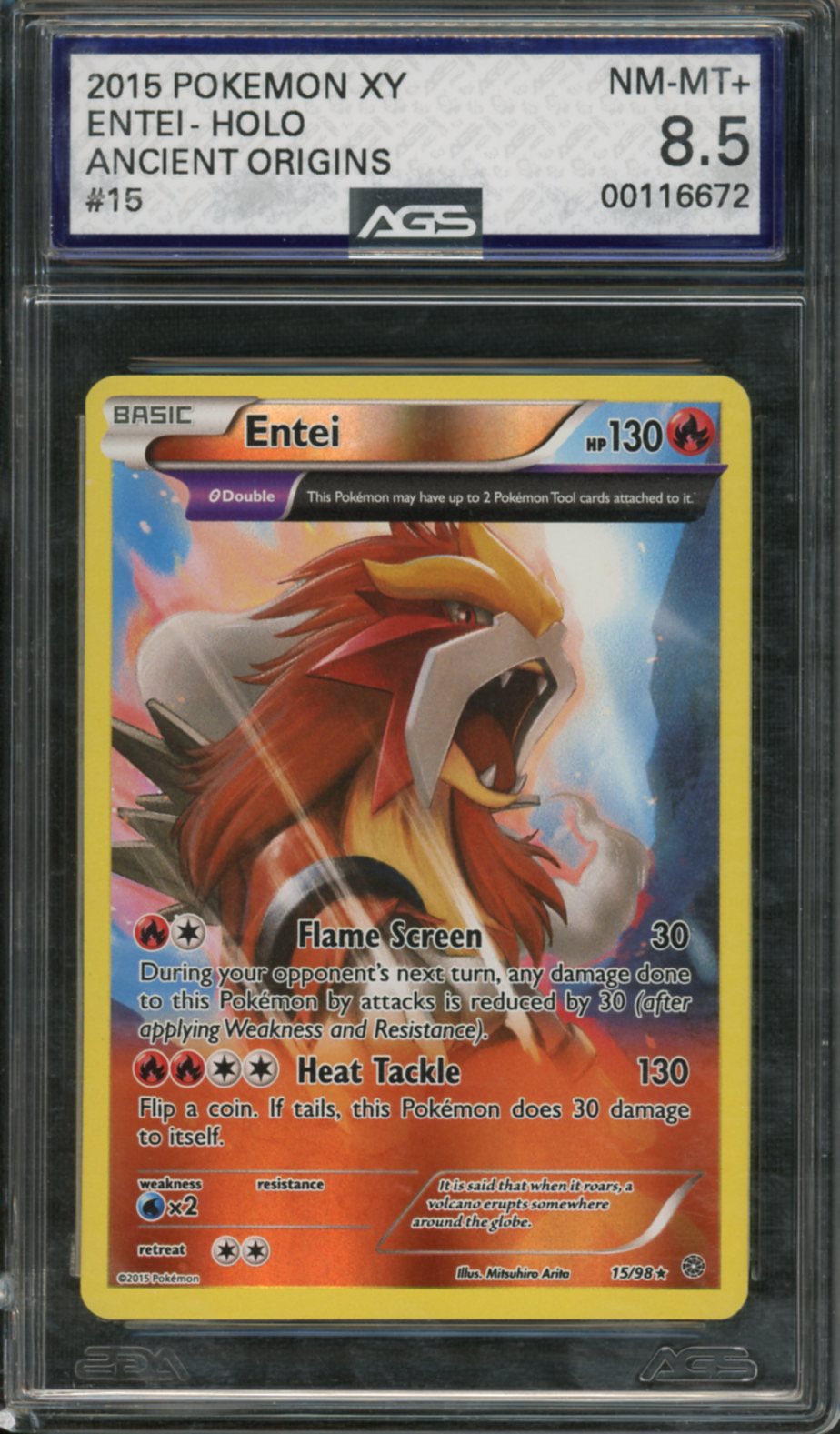 2015 Pokemon XY Ancient Origins Holo Entei #15 AGS 8.5