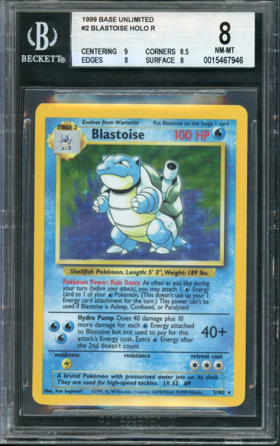 1999 Pokemon Game Holo Blastoise #2 BGS 8