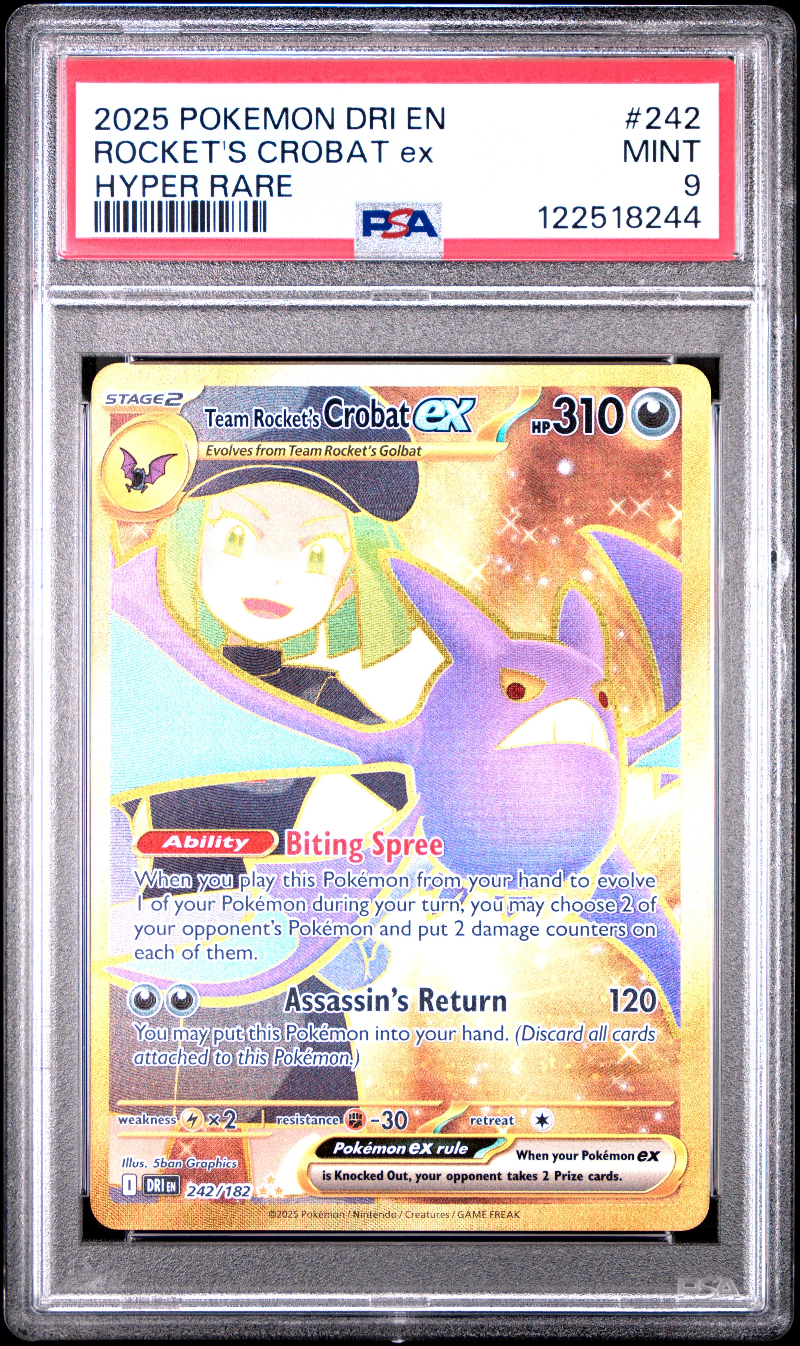 2025 Pokemon Destined Rivals Team Rocket's Crobat Ex #242 PSA 9