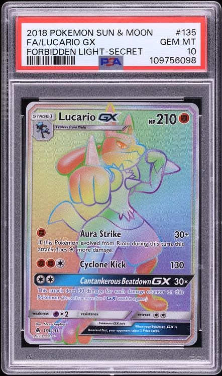 2018 Pokemon Forbidden Light Rainbow Rare Lucario GX #135 PSA 10