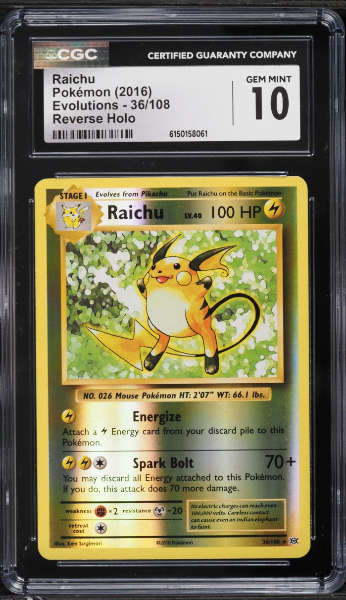 2016 Pokemon Evolutions Reverse Holo Raichu #36 CGC 10