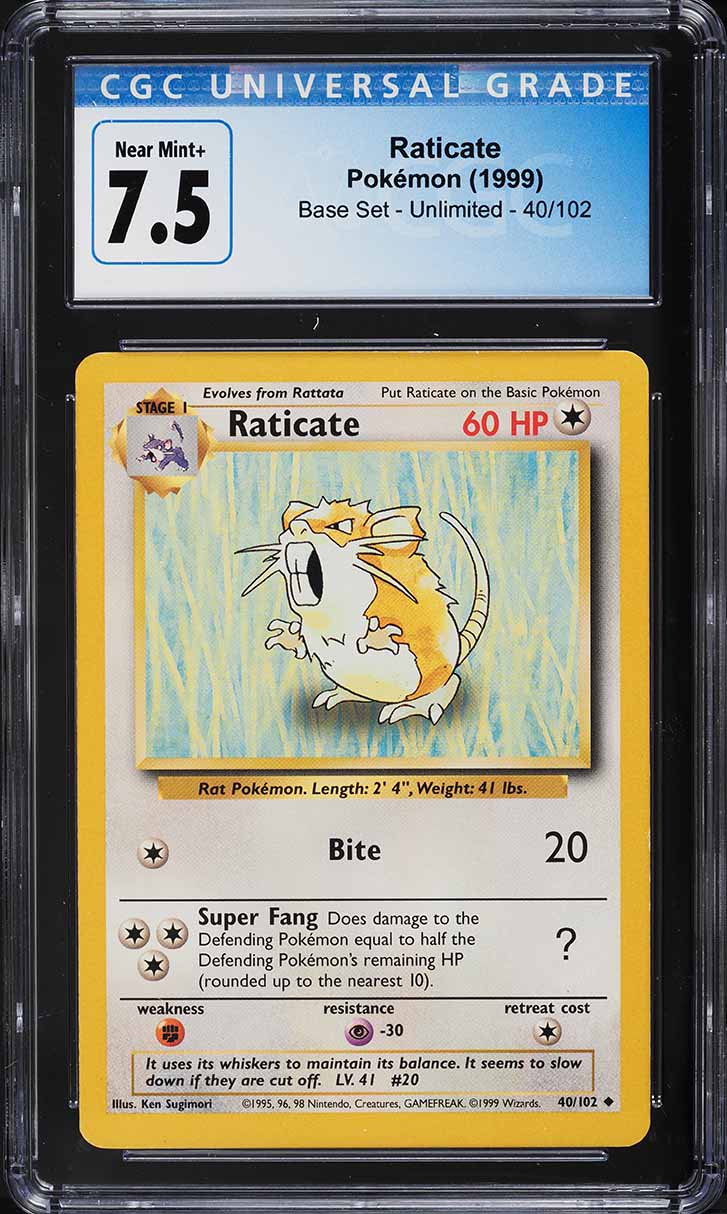 1999 Pokemon Base Set Raticate #40 CGC 7.5 NRMT+