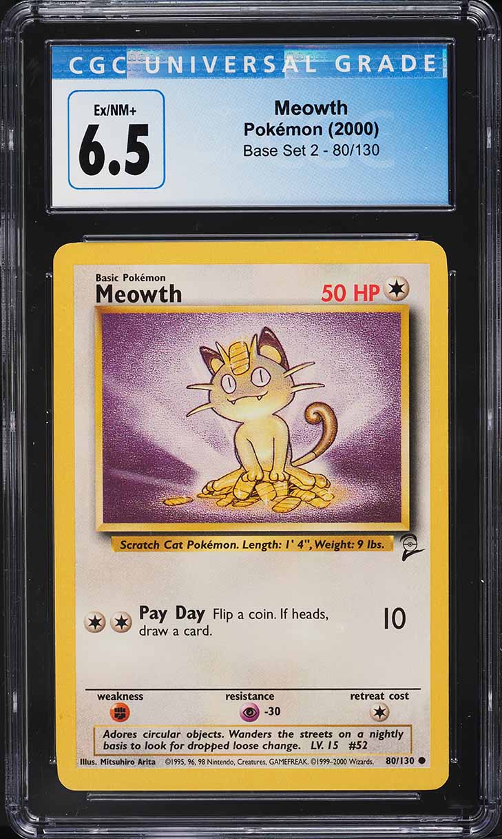 2000 Pokemon Base Set 2 Meowth #80 CGC 6.5 EXMT+