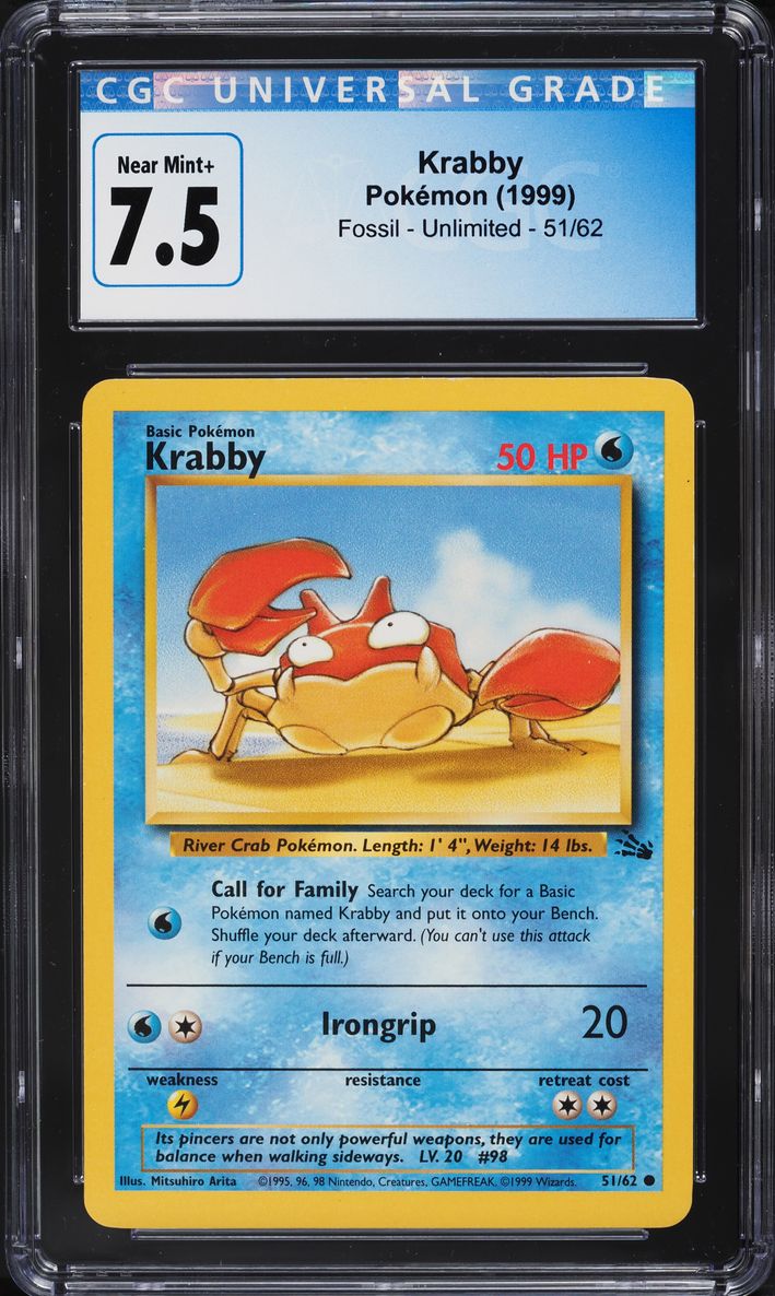 1999 Pokemon Fossil Krabby #51 CGC 7.5 NRMT+