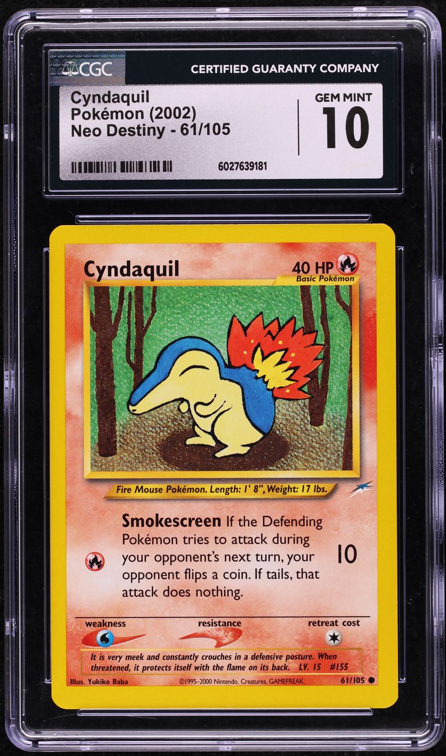 2002 Pokemon Neo Destiny Cyndaquil #61 CGC 10 GEM MINT