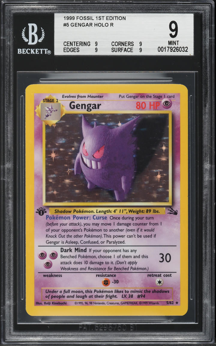 1999 Pokemon Fossil 1st Edition Holo Gengar #5 BGS 9 MINT