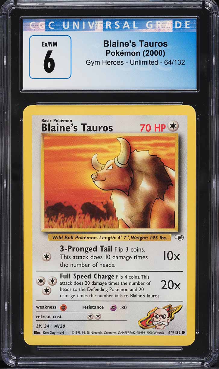 2000 Pokemon Gym Heroes Blaine's Tauros #64 CGC 6 EXMT