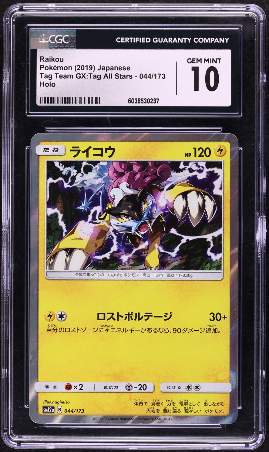2019 Pokemon Japanese SM Tag Team GX All Stars Holo Raikou #44 CGC 10 GEM MINT