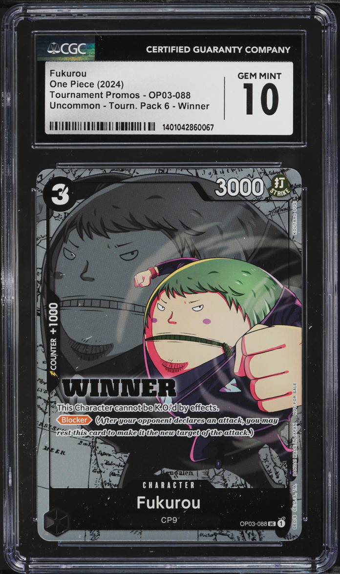 2024 One Piece Tournament Promo Vol. 6 Winner Fukurou #OP03-088 CGC 10 GEM MINT