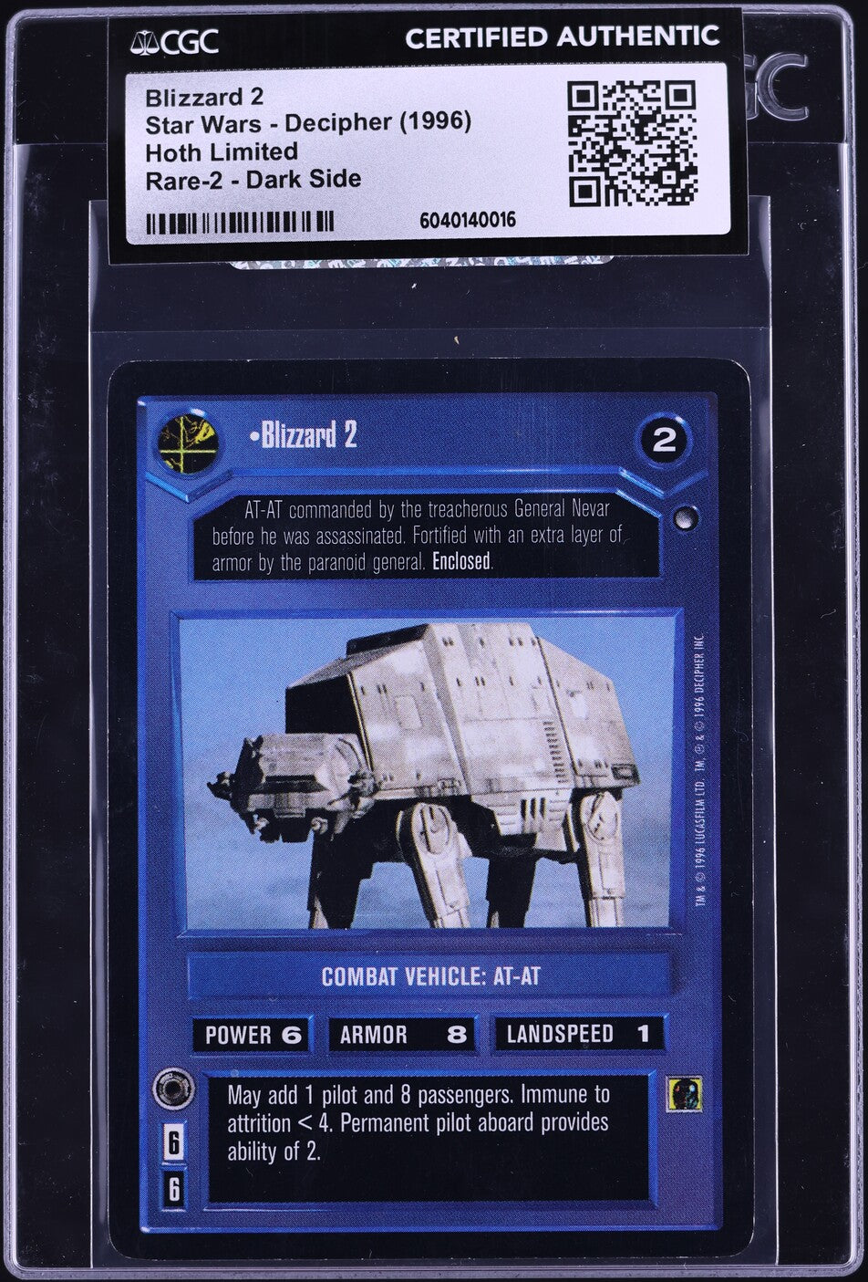 1996 Decipher Star Wars Hoth Limited Dark Side Blizzard 2 CGC AUTH