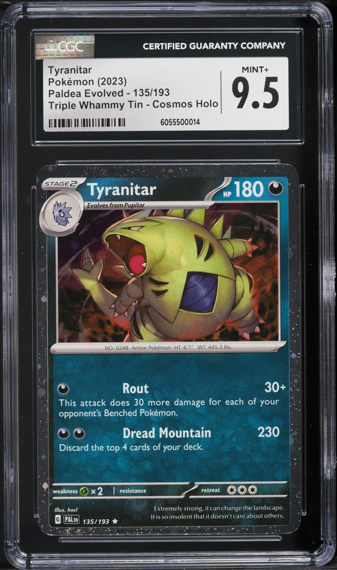 2023 Pokemon Paldea Evolved Triple Whammy Tin Cosmos Holo Tyranitar #135 CGC 9.5
