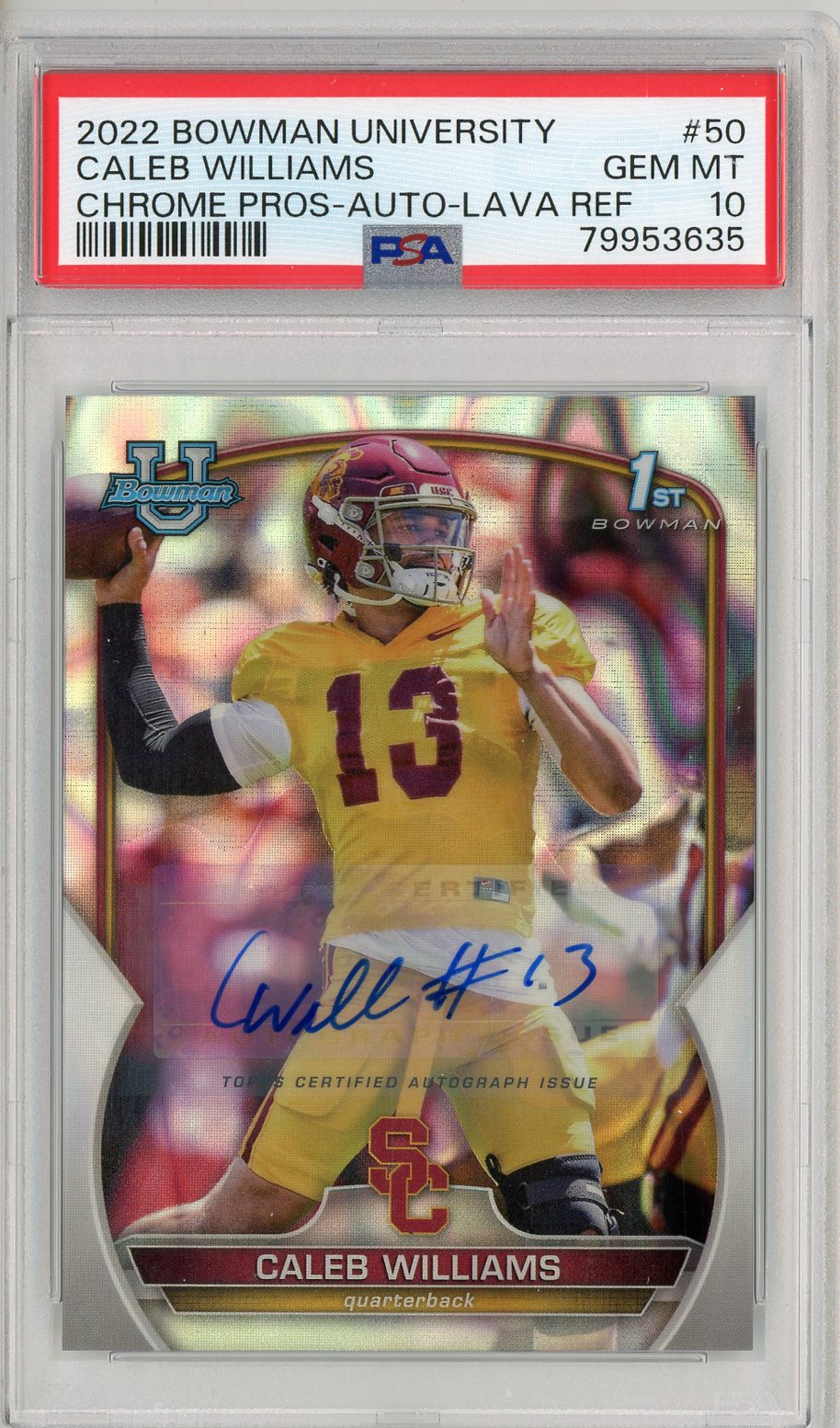 2022 Bowman University Chrome Pros Autographed /199 Caleb Williams #50 PSA 10