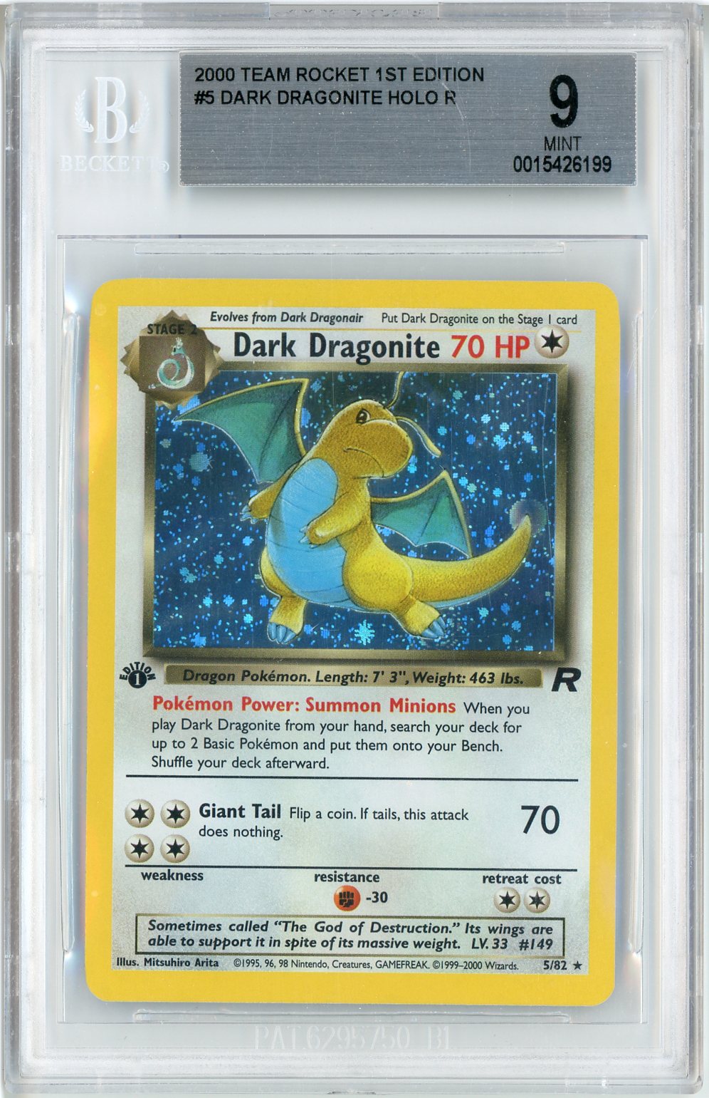 2000 Pokemon Team Rocket 1st Edition Dark Dragonite #5 BGS 9