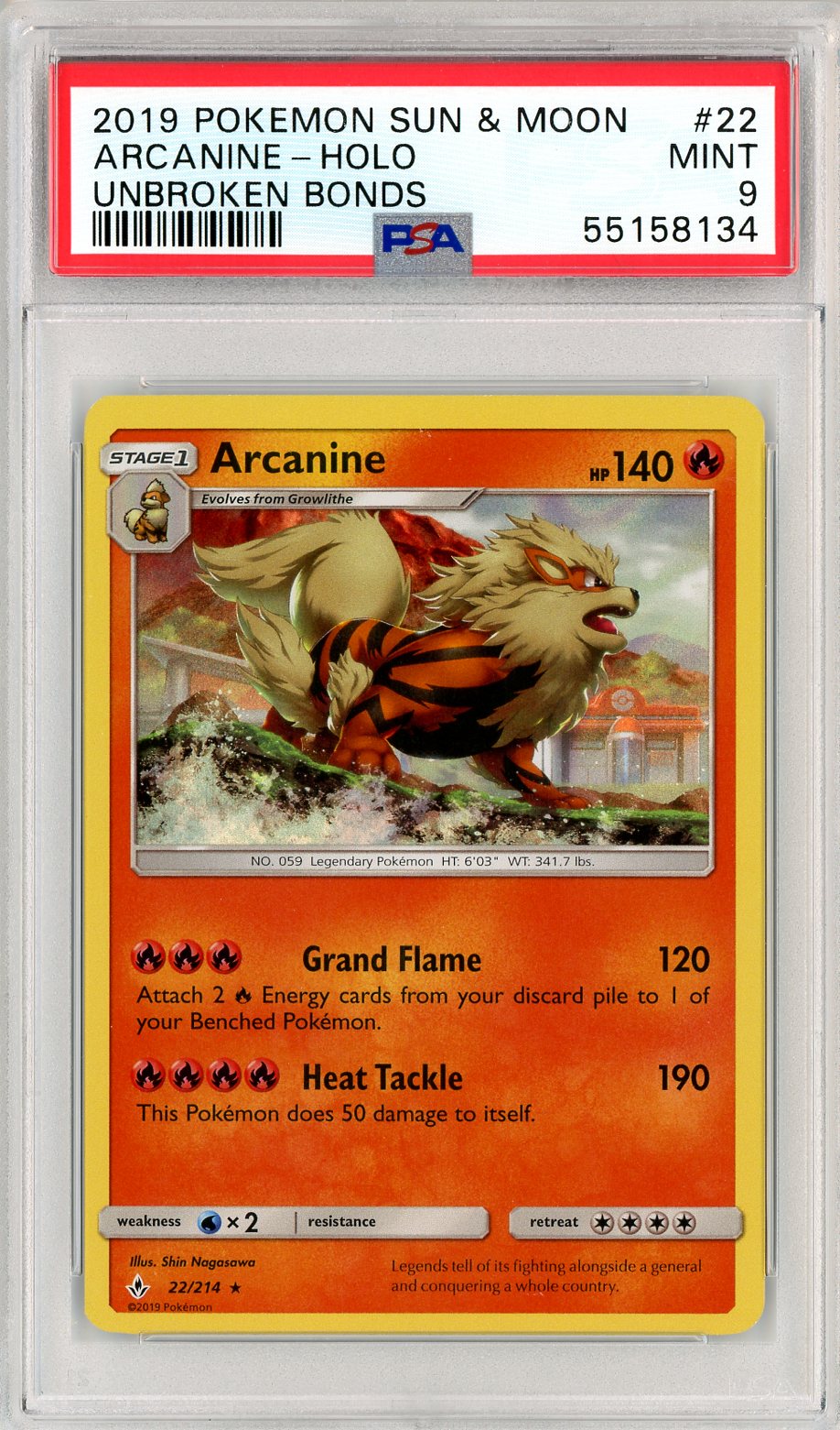 2019 Pokemon Unbroken Bonds Holo Arcanine #22 PSA 9