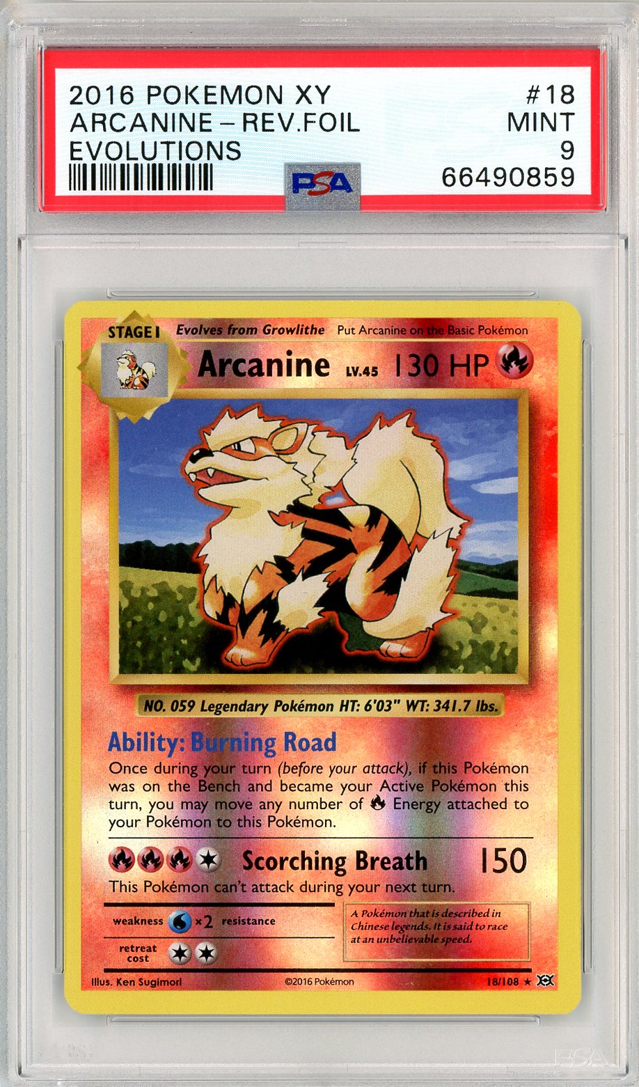 2016 Pokemon XY Evolutions Reverse Holo Arcanine #18 PSA 9