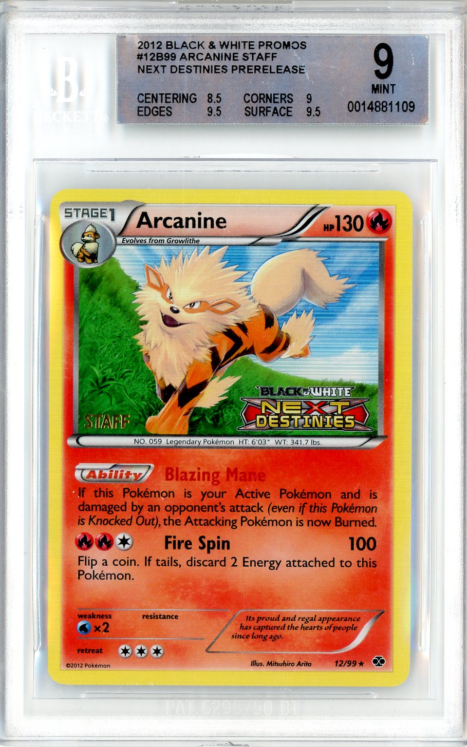 2012 Pokemon Next Destinies Prerelease Staff Arcanine #12 BGS 9