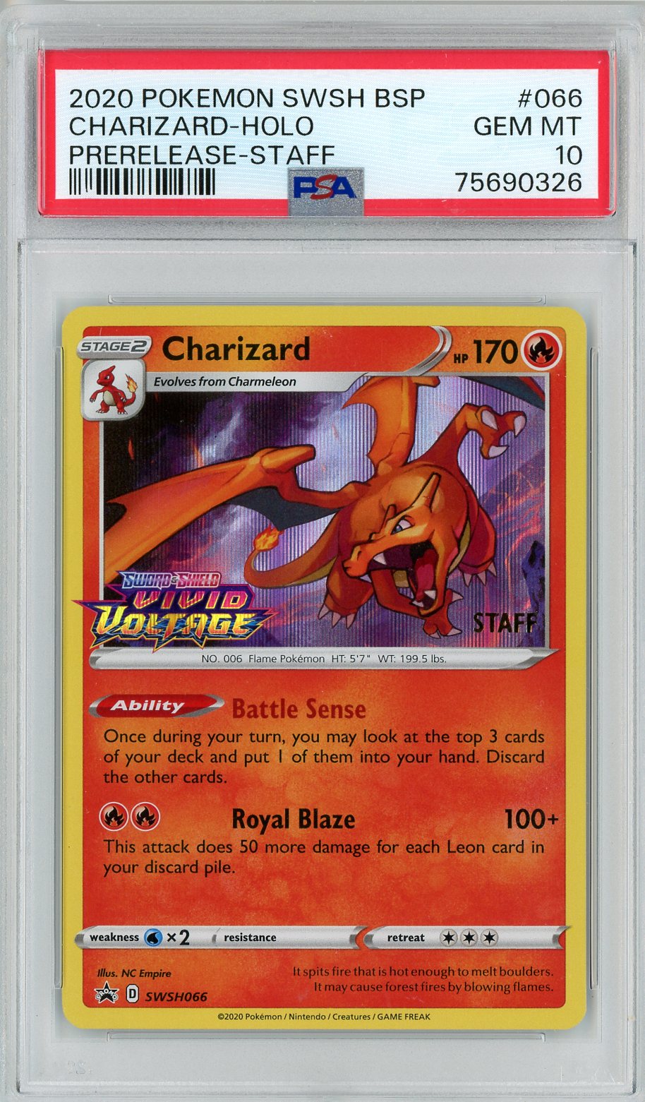 2020 Pokemon Vivid Voltage Staff Prerelease Charizard #66 PSA 10