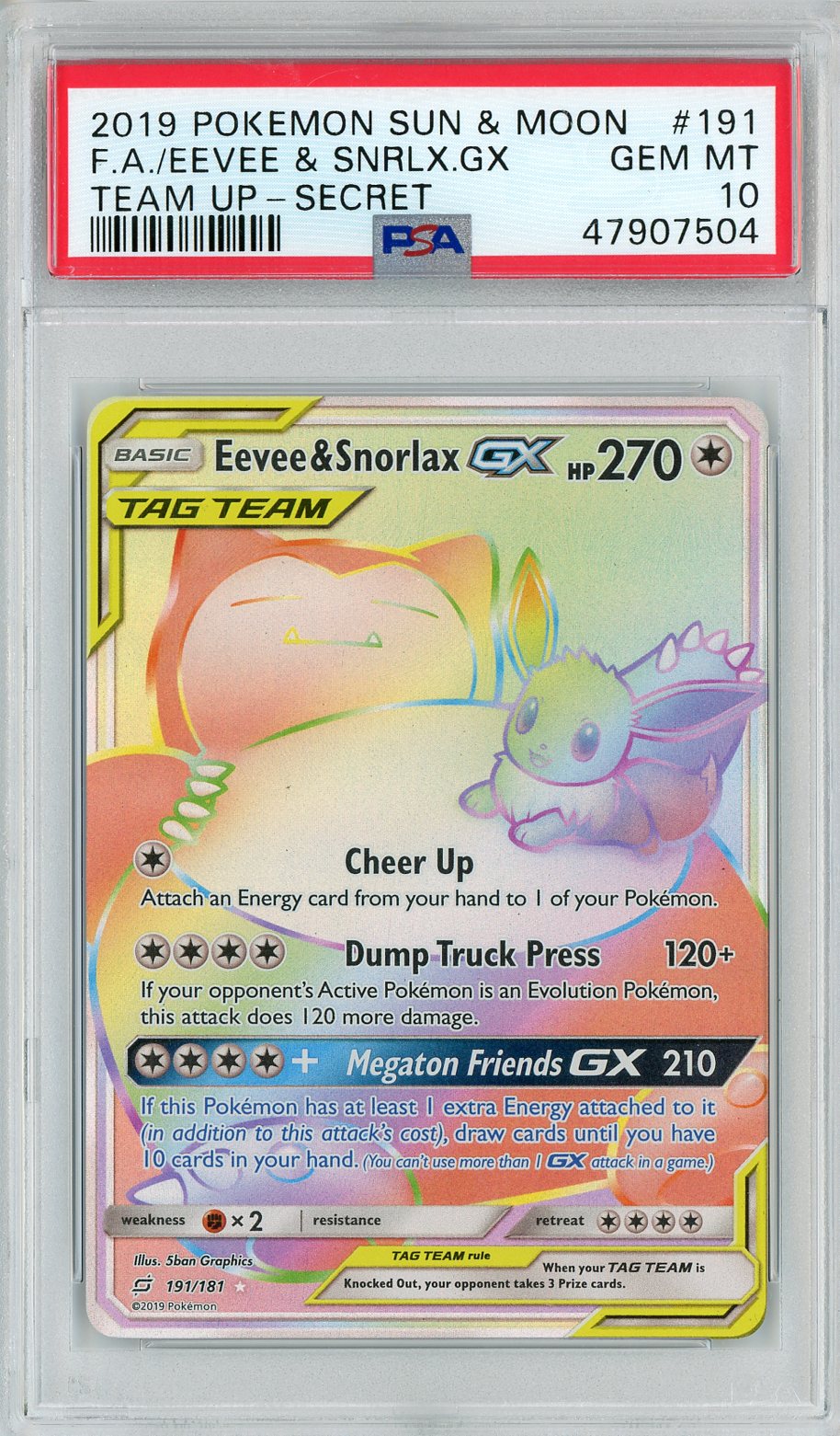 2019 Pokemon Team Up Rainbow Rare Eevee Snorlax #191 PSA 10