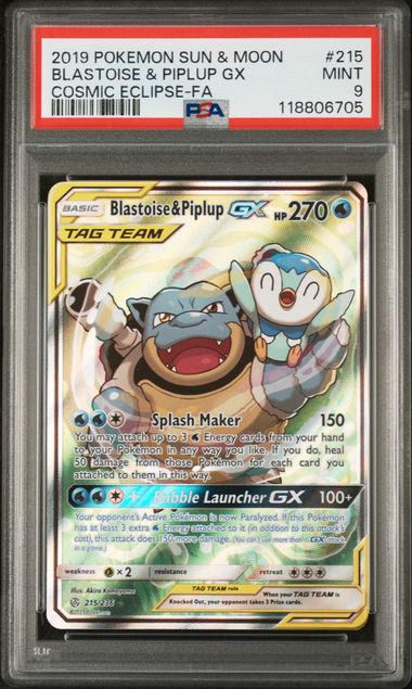 2019 Pokemon Cosmic Eclipse Blastoise Piplup Gx #215 PSA 9