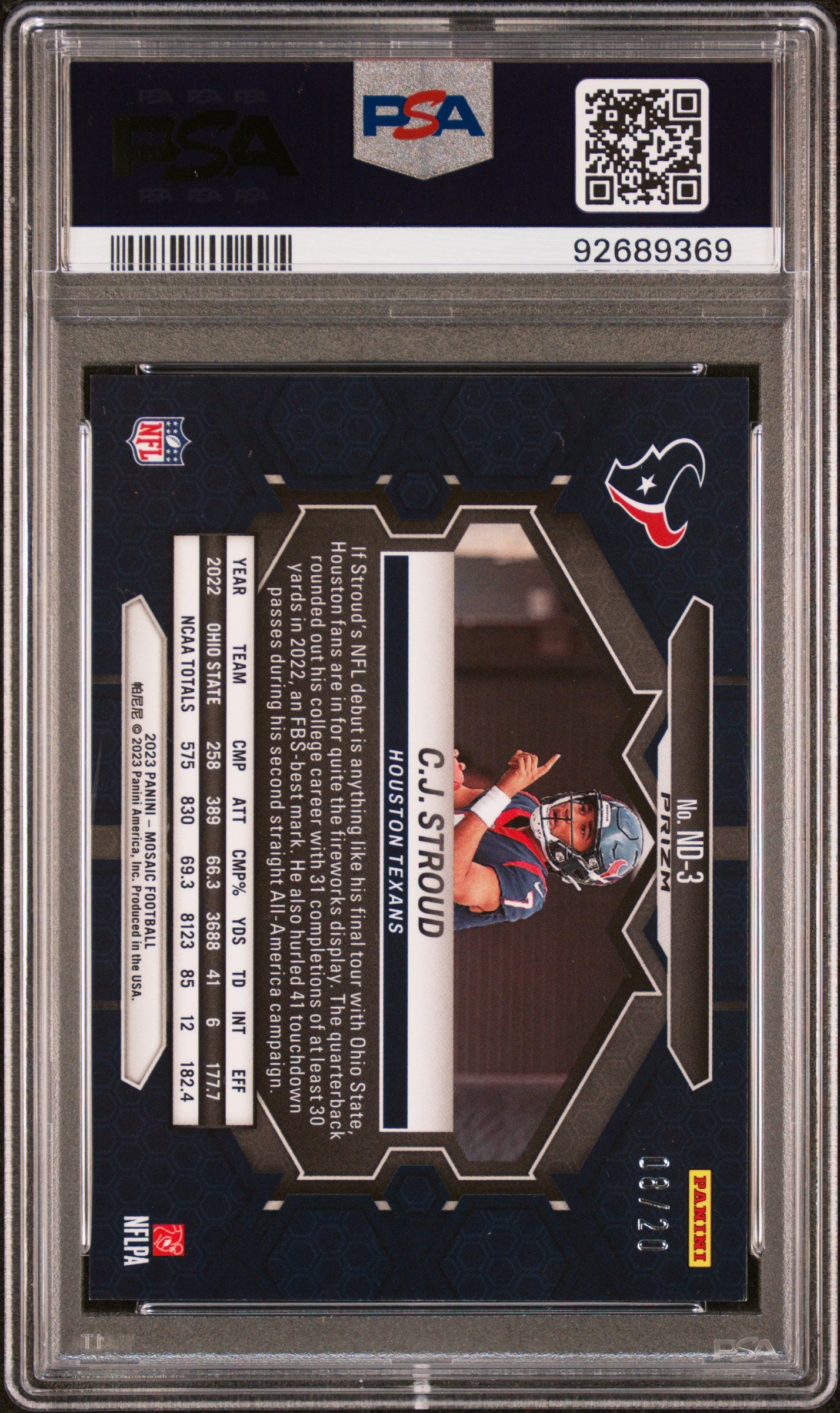 2023 Panini Mosaic NFL Debut Mosaic No Huddle /20 Pink CJ Stroud #ND3 PSA 9